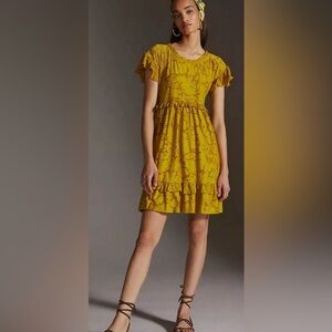 Anthropologie Playful Ruffle Knit Mustard Mini Dress